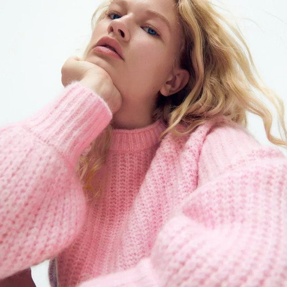 Zara Purl Knit Crop  Wool Alpaca Balloon Sleeve Knit Sweater Light Pink Sz Small - Picture 3 of 10